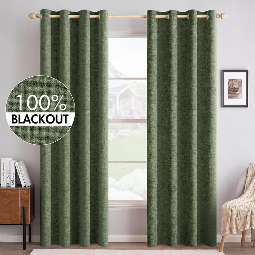MIULEE 100% Blackout Linen Curtains for Bedroom 52x90 Inches Olive Green | Room Darkening, Light Blocking, Thermal Insulated, Grommet Top, Linen Textured, Window Curtains for Living Room, 2 Panels