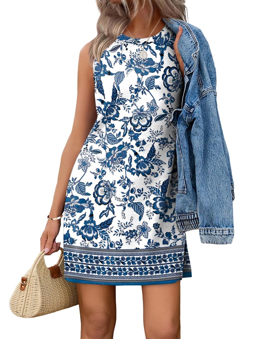 WIHOLL Casual Dresses for Women Crewneck Sleeveless Tank Dress Summer Spring Boho Vacation Clothes