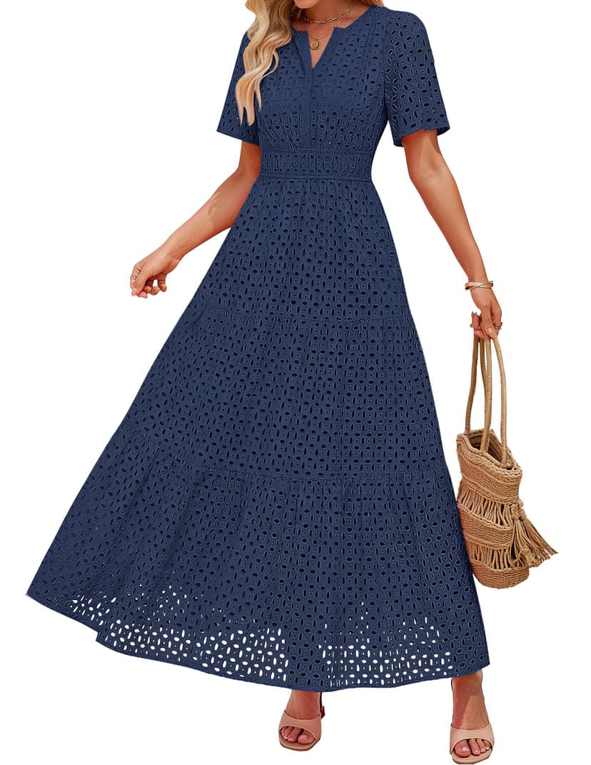 ZESICA Summer Dresses for Women 2026 Casual V Neck Short Sleeve Eyelet A Line Beach Vacation Long Maxi Dresses