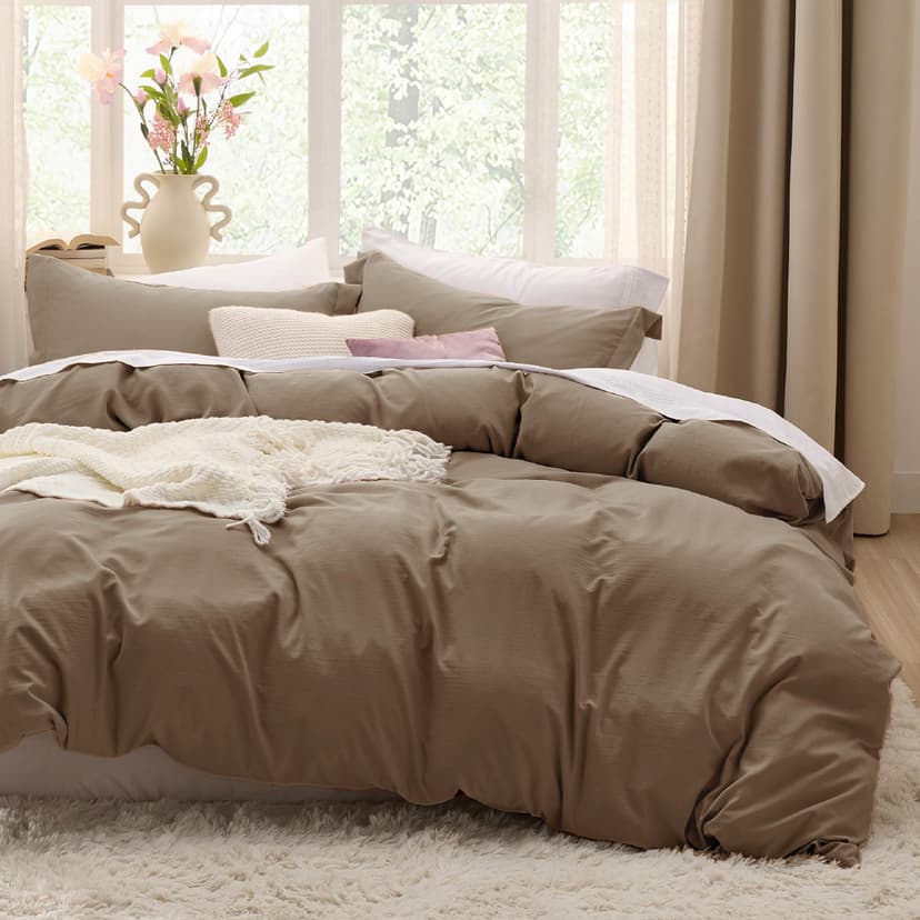 Bedsure Prewashed California King Duvet Cover, Cotton-Like Soft Set, Brown | Ultra Soft, Relaxed Texture, 104"x98" Breathable Comfort, Hidden Zipper, 8 Corner Ties, Easy Care, OEKO-TEX, Year-Round Use