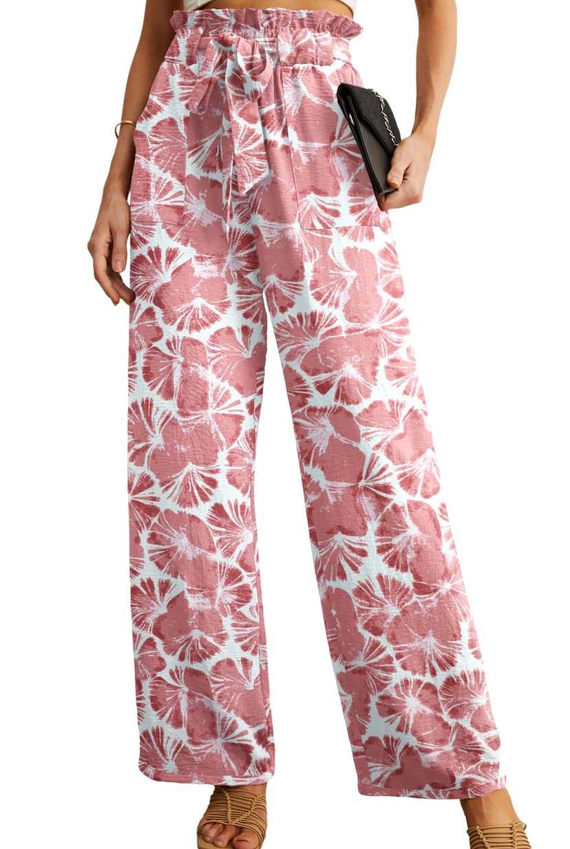 IWOLLENCE Women High Waist Palazzo Pants, Adjustable Knot Ankle Wide Leg Trousers Pockets Beach Vacation Lounge Office