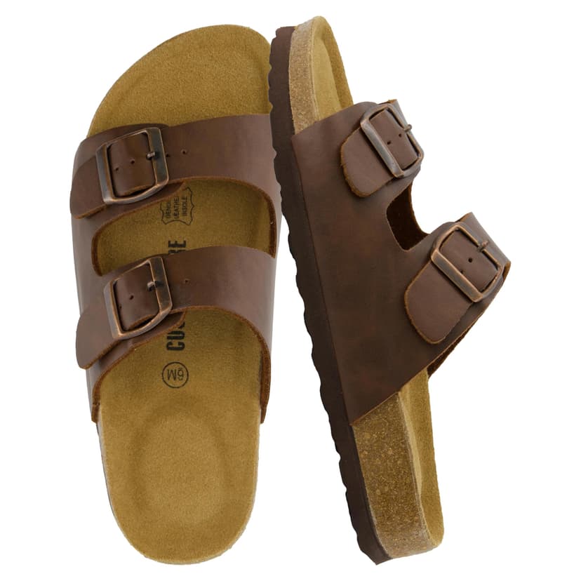 CUSHIONAIRE Lane Cork Footbed Sandals for Women – Comfortable Double Buckle Slip-On with Genuine Suede Footbed & Arch Support Slides for Women Footwear