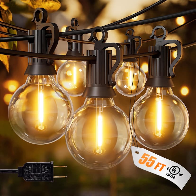 Brightown Outdoor String Lights, 50+5FT 25 G40 Bulbs Shatterproof Patio Lights, IP65 Waterproof Dimmable Hanging Connectable Globe LED Outdoor Lights for Christmas, Backyard, Bistro, Porch