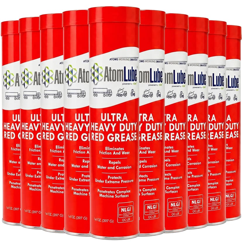 AtomLube Ultra Heavy Duty Red Grease, 10-Pack of 14 oz Tubes | High Temp Waterproof NLGI# 2 Lithium Wheel Bearing Grease for Trucking, Automotive, Trailers, & Agricultral Equipment