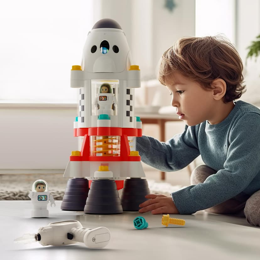 iPlay, iLearn Rocket Space Toy 3 4 5 Year Old Boys Kids Girls, Toddler STEM | Spaceship Building Playset w/Electric Drill, 2 Astronauts, Educational Learning Science Kit Birthday Gift for Age 3 4 5 6