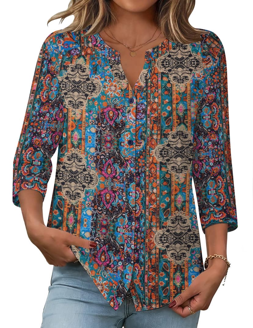 Zeagoo Button Down Shirts for Women 3/4 Sleeve Linen Cotton V Neck Tops Dressy Casual Loose Work Blouses