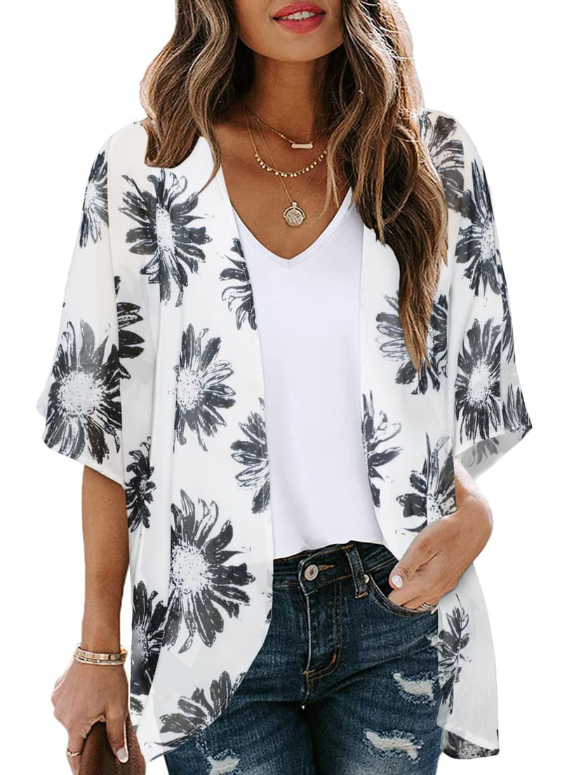 Women's Floral Print Puff Sleeve Kimono Cardigan Loose Cover Up Casual Blouse Tops 2026