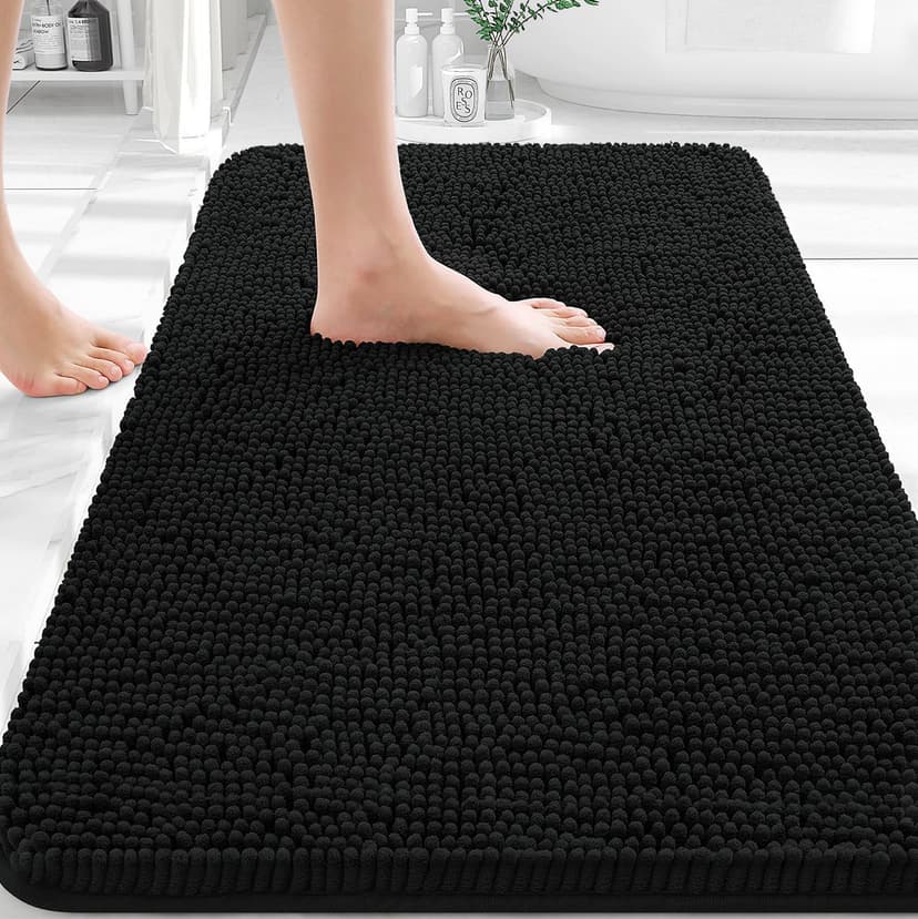OLANLY Black Bathroom Rug 30x20, Extra Soft Absorbent Chenille Bath Rugs | Non-Slip Quick-Drying Rubber Backing, Machine Washable Plush Bath Mat for Floor, Tub and Shower, Home Decor Accessories