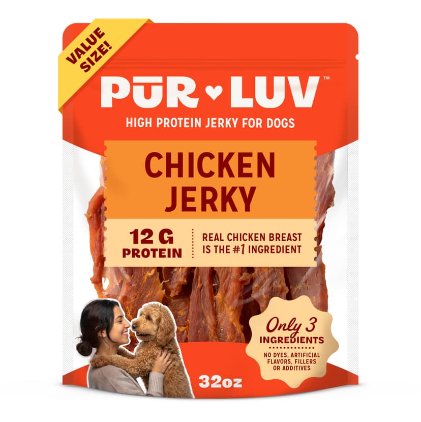 Pur Luv Chicken Jerky Dog Treats, Made with 100% Real Chicken Breast, 32 Ounces, Healthy, Easily Digestible, Long-Lasting, High Protein, Satisfies Dog's Urge to Chew | 3-ingredient jerky: whole-muscle