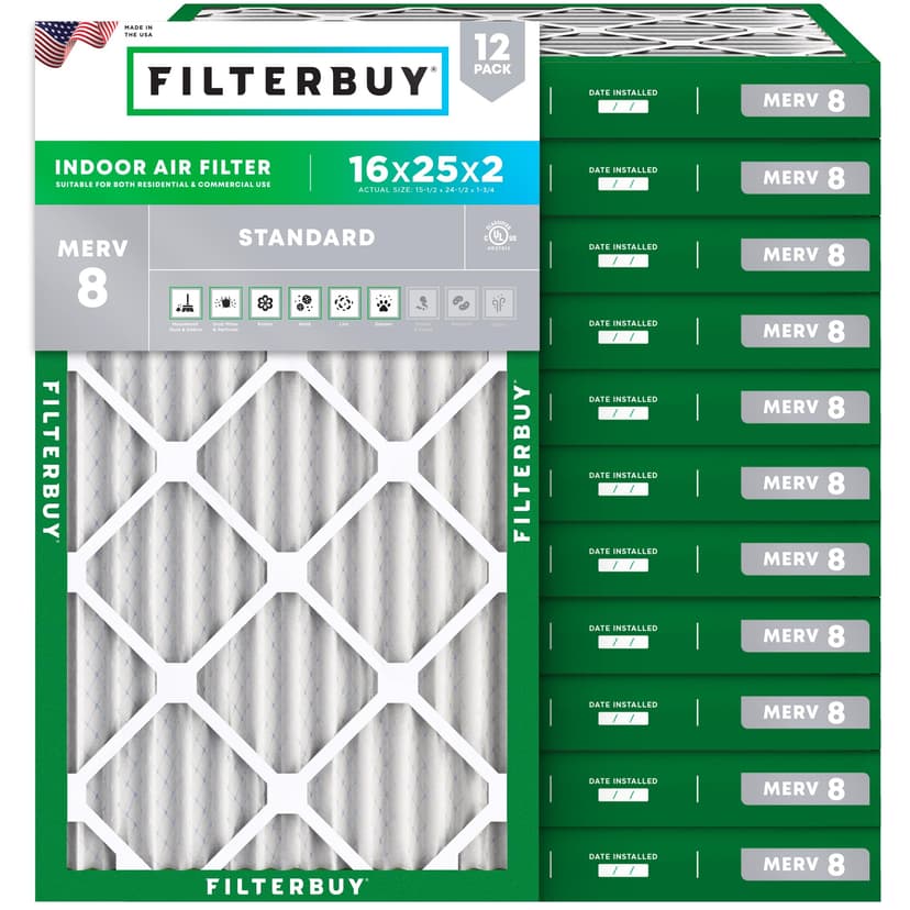 Filterbuy 16x25x2 Air Filter MERV 8 Dust & Allergy Defense (12-Pack) | Electrostatic Pleated HVAC AC Furnace Filters Replacement, Made in USA (Actual Size: 15.50 x 24.50 x 1.75)
