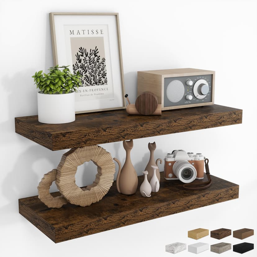 RICHFOCUS 28Inch Floating Shelves for Wall 2 Pack Shelves for Bedroom|Kitchen|Bathroom|Laundry Room Rustic Wood Wall Mounted Shelf with Invisible Brackets for Books|Storage|Decor, Rustic Brown