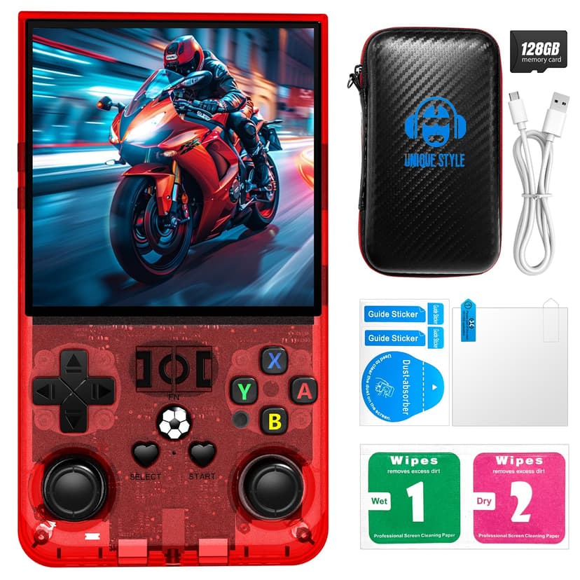 R36MAX Retro Handheld Game Console, 4.0-Inch IPS Display, 720x720 Resolution, Linux System, 128GB Support 22000+ Classic Games, Retro Gaming Console with Portable Case(Transparent Red 128GB)