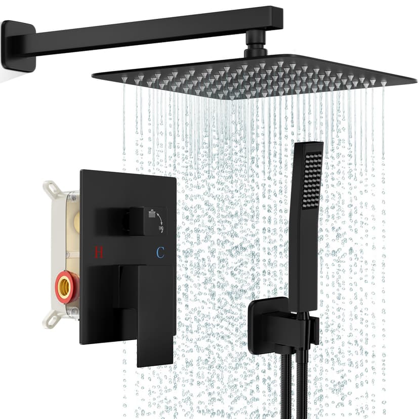 FPXRNG Shower Faucet Set Rainfall Shower System with Square Shower Head and Handle Set Rough-in Valve and Metal Trim Kit Included Matte Black 10 Inch Wall Mounted Shower Fixtures