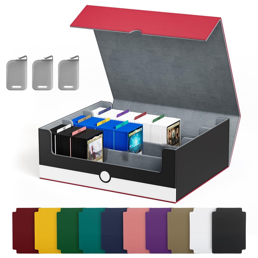 UAONO Card Storage Box for Trading Cards, 1800+ PU Leather Commander Card Deck Case, Magnetic Closure Card Holder Fits for Magic Game Cards (Red&White)