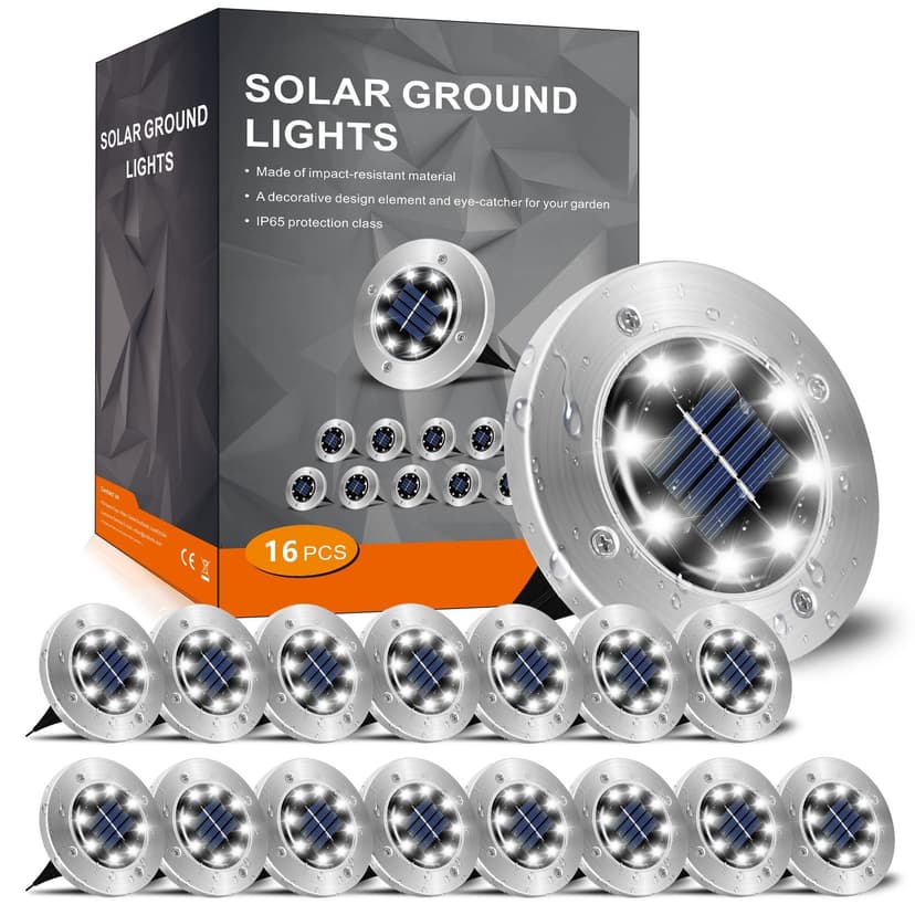 INCX Solar Lights Outdoor Waterproof, Cold White, 16 Pack Ground Lights | Solar Powered Lights Outdoor Solar Disk Light Landscape Light for Deck Step Patio Yard Pathway Walkway Driveway Garden