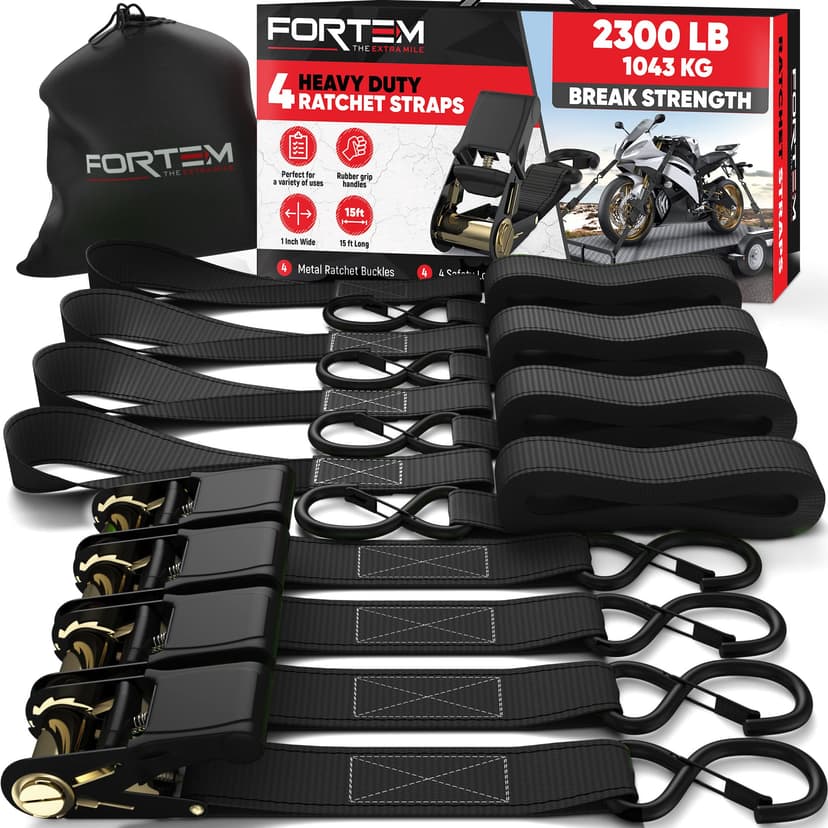 FORTEM Ratchet Straps - Tie Down Strap Set, 4 Pack, 2300lb Break Strength | Heavy Duty Motorcycle Straps, Cargo Cam Buckles for Trucks, 15FT x 1in, 4 Soft Loops, Safety Lock S Hooks, Carry Bag, Black
