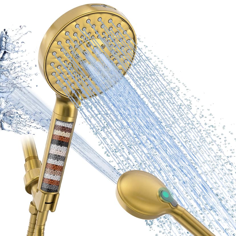 SR SUN RISE Filtered Shower Head with Handheld High Pressure 9 Spray Mode Showerhead Detachable Shower Head Water Softener Filters 1 Filter Brushed Gold