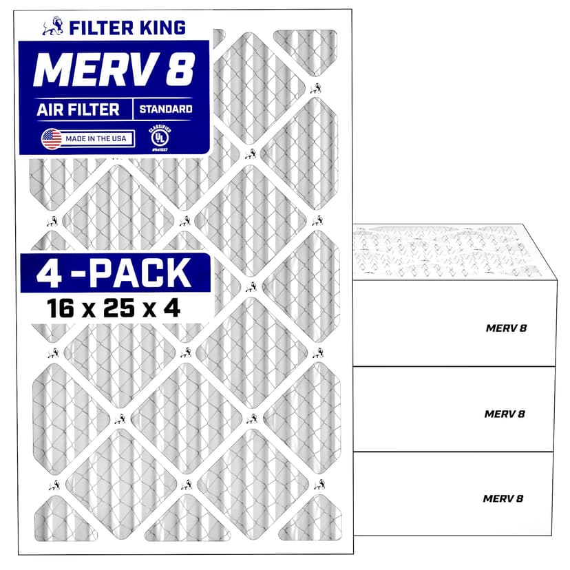Filter King 16x25x4 Air Filter (MERV 8) (4-Pack) Dust & Allergy Control AC Furnace Filters, MADE IN USA, HVAC, Pleated, Electrostatic (Actual Size: 15.5 x 24.5 x 3.75)