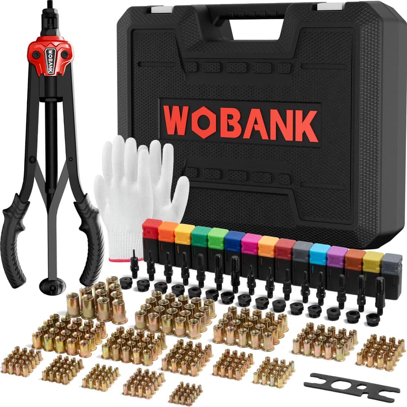 WOBANK Rivet Nut Tool, 16" Heavy Duty Rivnut Tool Kit with 15PCS Metric/SAE Mandrels, 290PCS Rivet Nuts, Wrench, Gloves and Carrying Case, Auto Release Nut Design for Automotive, Construction & DIY
