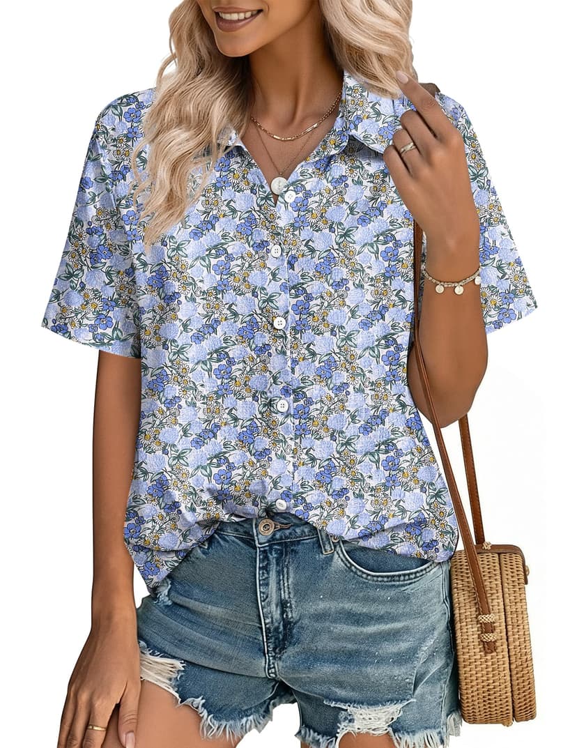 Zeagoo Women Button Down Shirt Cotton Linen Blend Short Sleeve V Neck Blouse Dressy Casual Summer Tops Beach Vacation Outfits