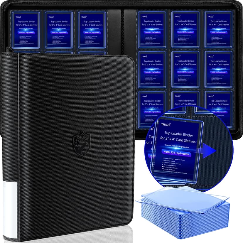 TRUGQ Toploader Binder Holds 324 Toploaders - 20 Toploaders|Waterproof PU Leather + Anti-Yellowing PP Inserts | Ridge Tab Sorting Portable top loader binder for cards(For Sports/Game Cards)