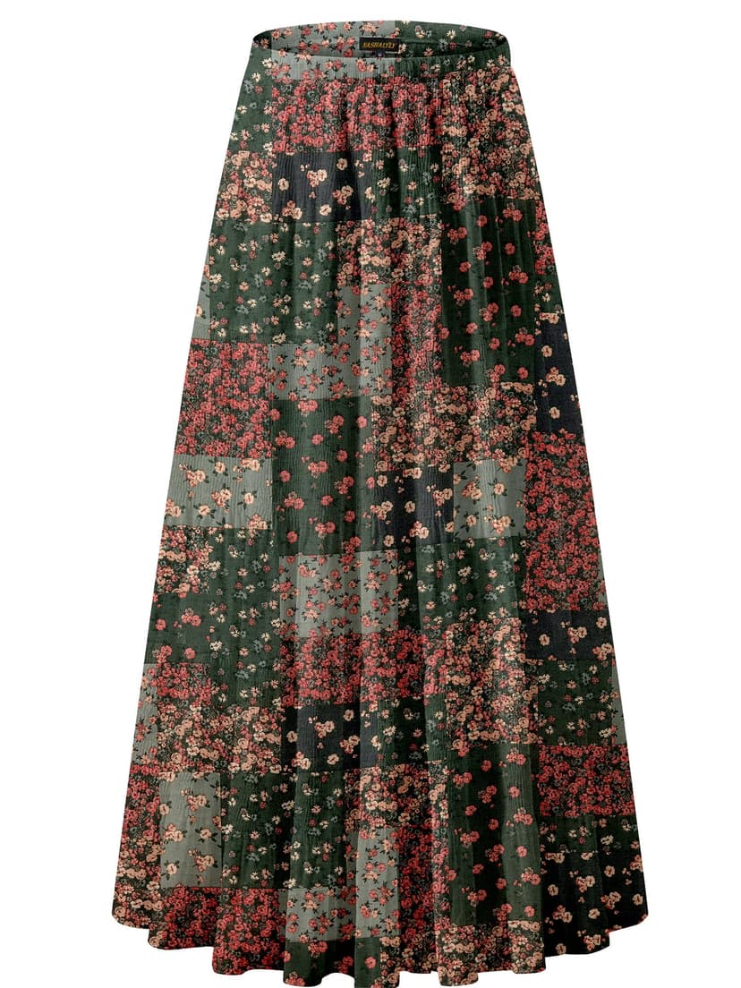 NASHALYLY Women's Chiffon Elastic High Waist Pleated A-Line Flared Maxi Skirts
