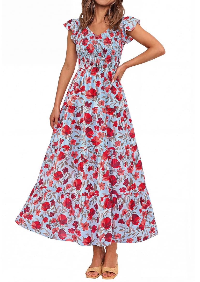 PRETTYGARDEN Women's Summer Flowy Maxi Dress Casual Cap Sleeve V Neck Smocked Beach Sundress