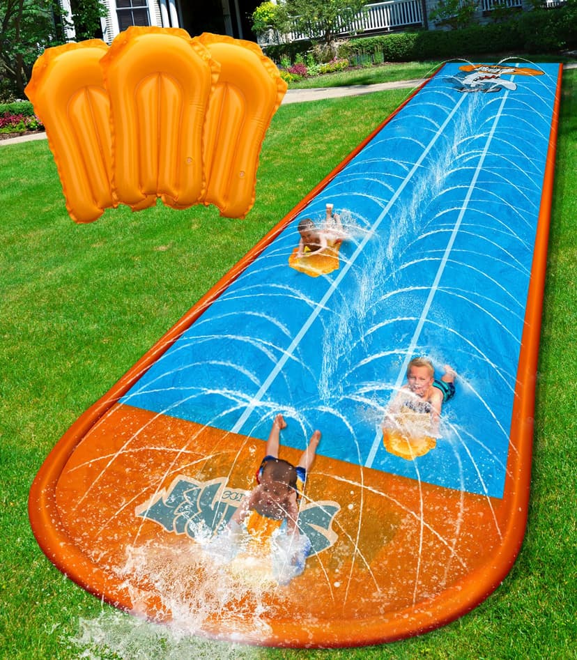 Spring Water Slip and Water Slide for Kids Backyard, 22ft*3 Racing Lanes Slip Water Slides with Sprinkler for Age 5-8 8-12, Summer Outdoor Water Toy with 3 Inflatable Bodyboards