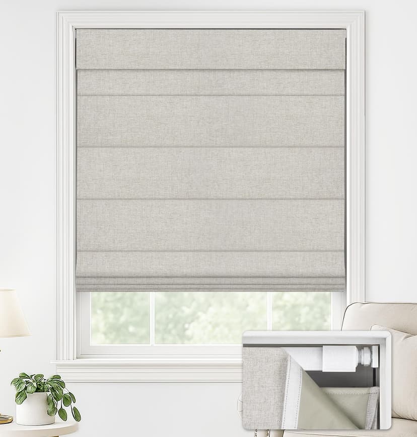 LazBlinds No Drill Roman Shades, Blackout, 34" W x 64" H, Beige | Cordless Blackout Window Shades with UV Protection, Polyester Fabric for Bedroom & Living Room
