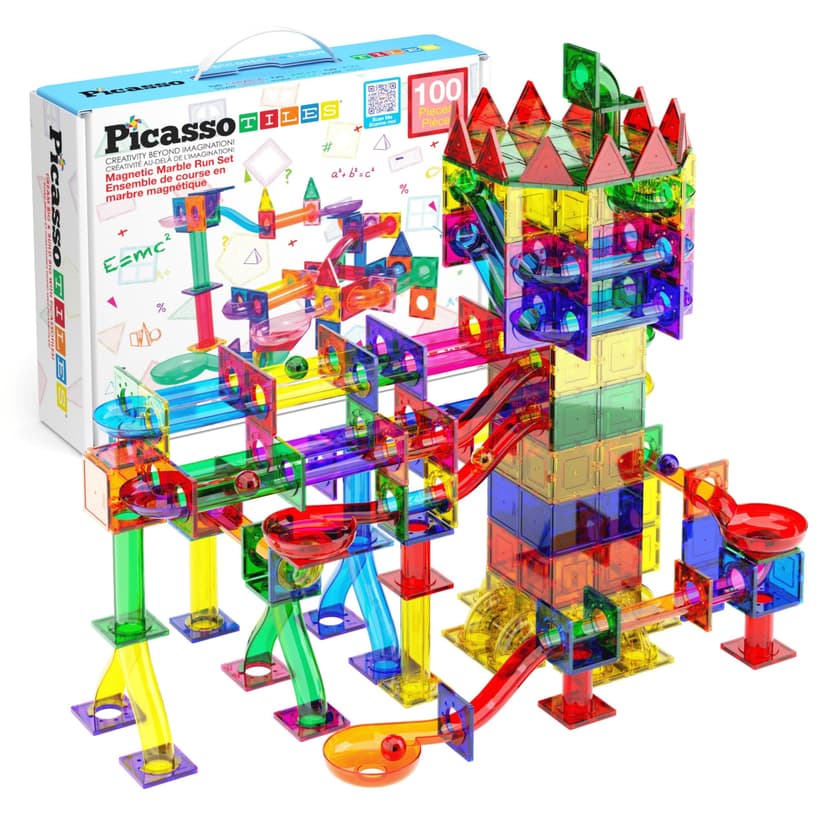 PicassoTiles 100 Piece Marble Run Magnetic Tiles Race Track STEM Ages 3+ | BPA-free ABS plastic, reinforced edges, curved slopes and U-turns, steel balls included, open-ended maze layouts, shared play