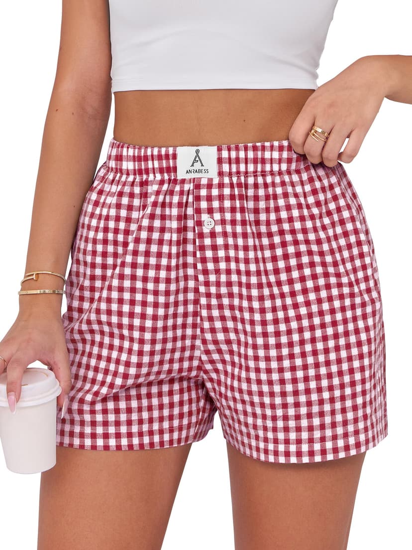 ANRABESS Boxer Shorts for Women Gingham Pajama 2026 Summer Casual Lounge Sleep Plaid Shorts Y2K Beach Bottoms
