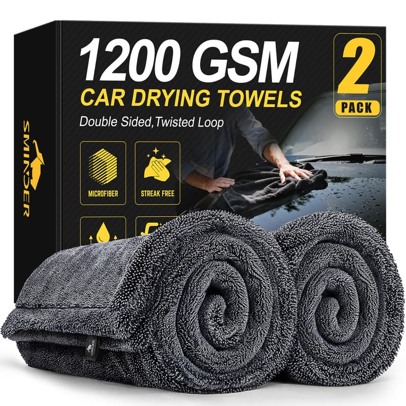 SMINDER 2-Pack 1200 GSM Car Drying Towels – Microfiber Towels for Cars (36" x 24"), Ultra-Absorbent, Streak-Free, Scratch-Free, No Water Spots, Double-Twist Pile & Edgeless Design
