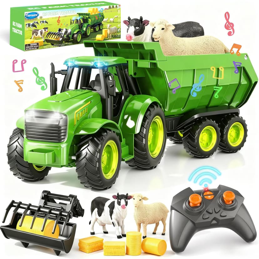RC Farm Tractor Toy w/ Light & Music, Includes Loader, Trailer & Animals | 2.4GHz Kids RC Truck Toys for Ages 3-8, Outdoor Remote Vehicle Playset, Fun Car Gifts for Boys & Girls (Bright Green)