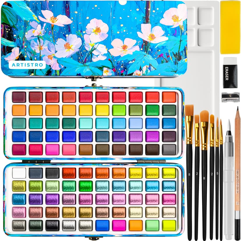 ARTISTRO Watercolor Paint Set with Palette & Brush Pens - 100 Colors | Portable Paint Art Kit, Travel Water Color Set, For Adults, Professionals, & Kids, Art & Painting Supplies, Gift Idea