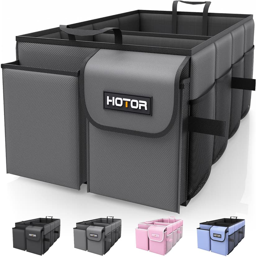 HOTOR Trunk Organizer - Foldable Car Organizer for SUVs & Sedans Storage | Sturdy Car Organization for Men & Women, Car Accessories, Tools, Sundries, Grey, 2 Compartments, 23.6" x 14.2" x 10.6"