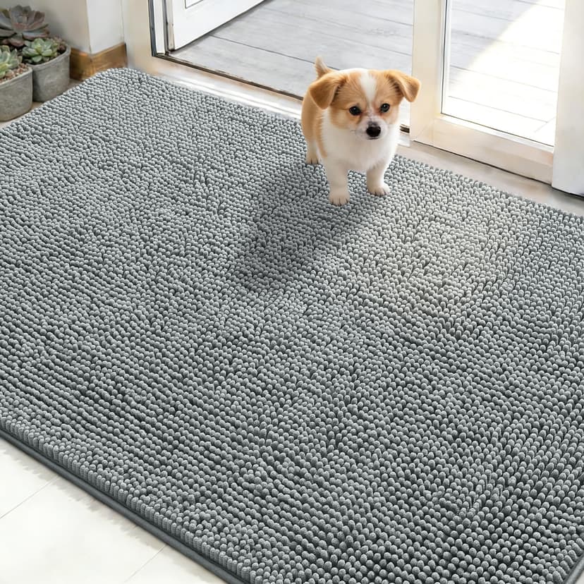 OLANLY Dog Door Mat for Muddy Paws 48x30, Absorbs Moisture and Dirt, Absorbent Non-Slip Washable Doormat, Quick Dry Chenille Mud Mat for Dogs, Entry Indoor Entryway Carpet for Inside Floor, Grey