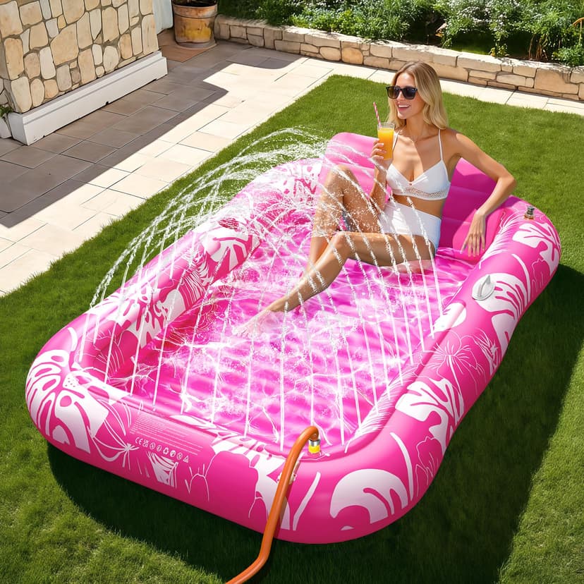 Inflatable Tanning Pool Lounger Float with Sprinkler, 77" x 48" Pool Floats Adult with Pillow, 6 in 1 Suntan Tub Raft Floatie with Drink Holder Sunbathing Water Lounge