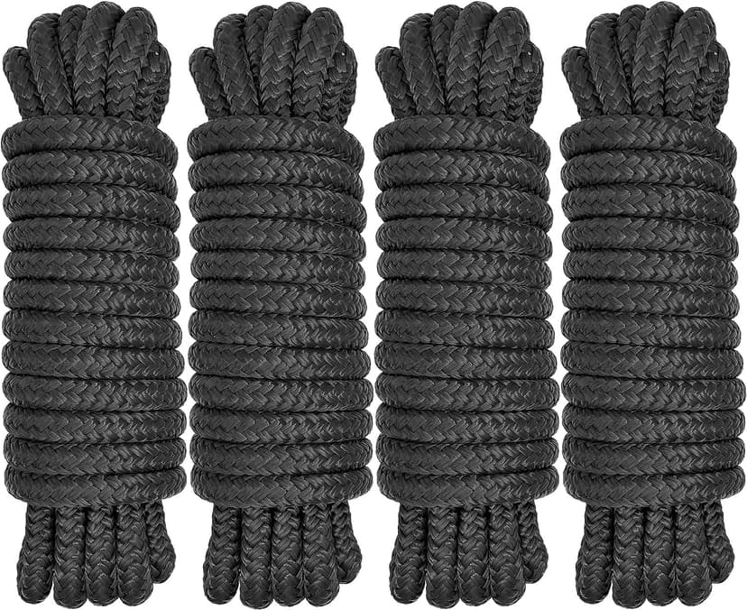Boat Dock Lines 1/2" x 15' - Double Braided Nylon Boat Ropes for Docking with 12" Loop, Marine-Grade High Strength Boat Lines Dock Rope, Premium Marine Rope Mooring Lines, Easy Handling - 4 Pack,Black