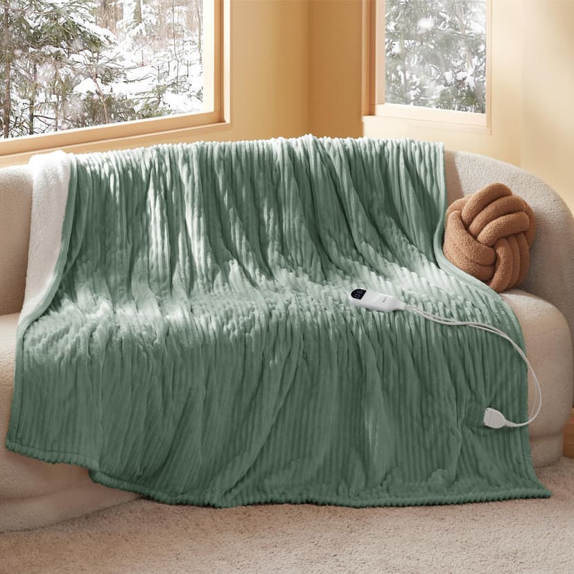 Bedsure Ribbed Electric Blanket Twin, Green Heated Blanket, Preheat | Fast Heating, 6 Heat & 6 Timer (Up to 10H) Settings, 8 Hours Auto-Off, ETL & FCC, Flannel Sherpa, Gifts for Grandma, 62"x84"