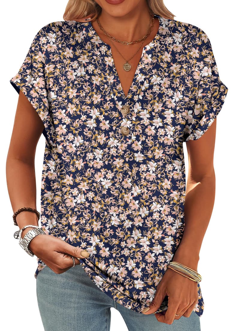 ANRABESS Womens Short Sleeve Henley Tops V Neck Dressy Casual Blouses Summer Trendy Tee Shirts 2026 Vacation Fashion Clothes