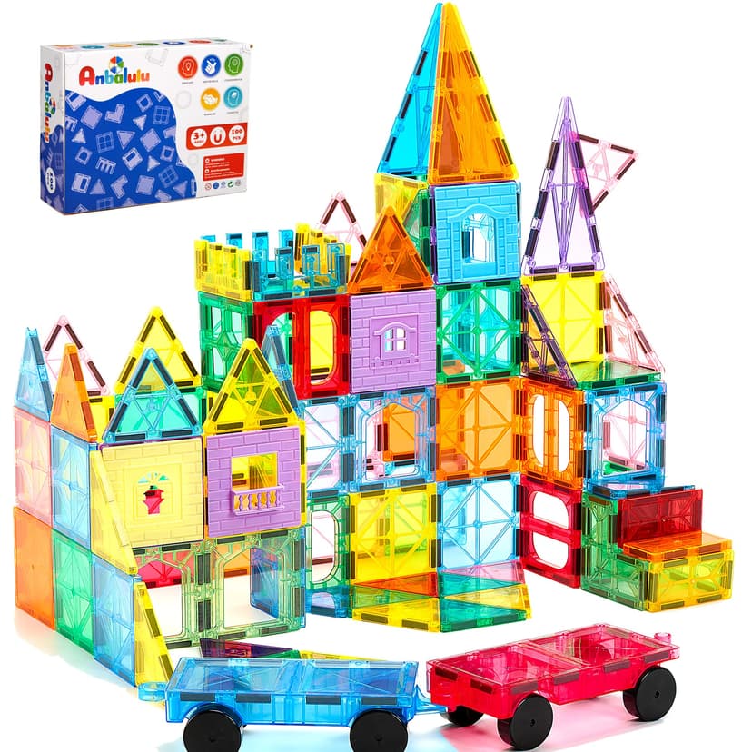 Anbalulu Magnetic Tiles 100PCS with 2 Cars, STEM Educational Building Blocks for Kids Ages 3-9, Magnet Construction Toys Gift for Toddlers