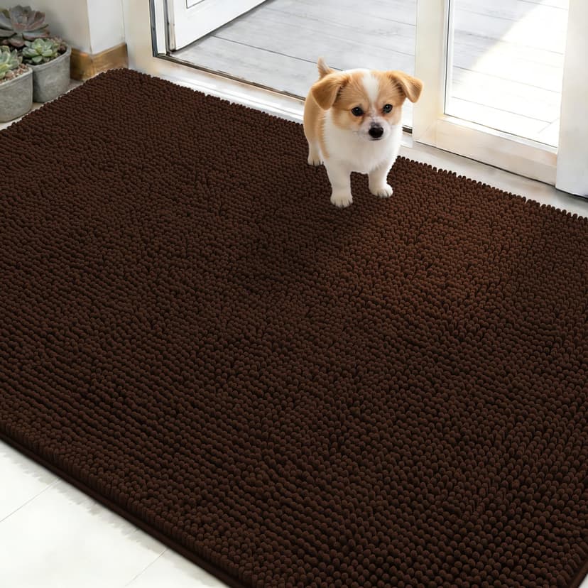 OLANLY Dog Door Mat for Muddy Paws 48x30, Absorbs Moisture and Dirt, Absorbent Non-Slip Washable Doormat, Quick Dry Chenille Mud Mat for Dogs, Entry Indoor Entryway Carpet for Inside Floor, Brown