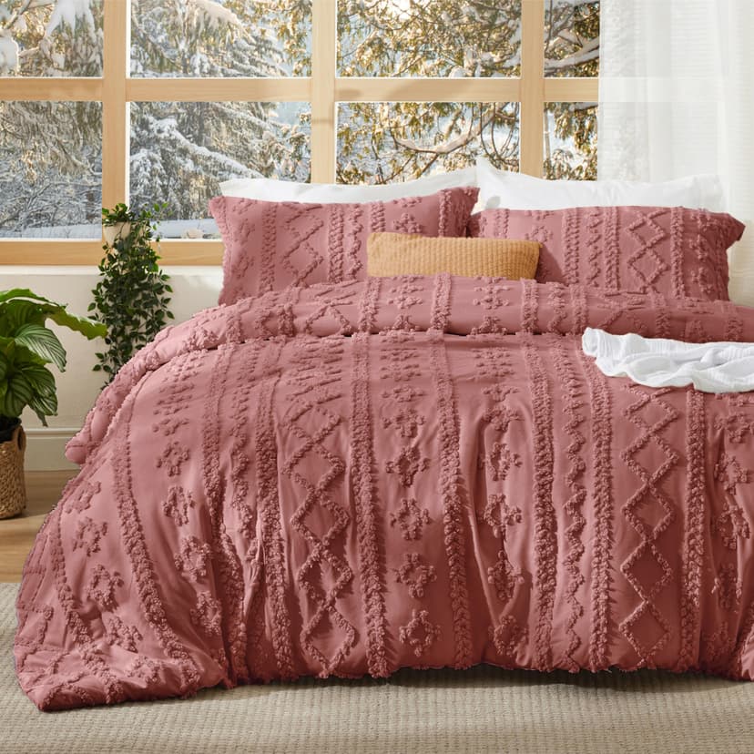 Bedsure Tufted Boho Comforter Set Twin Size - Grayish Pink Boho Bed Set, GentleSoft™ 2 Pieces Farmhouse-Style Embroidery Bedding, Gifts for Woman, Soft Jacquard Kids' Twin Comforter for All Seasons
