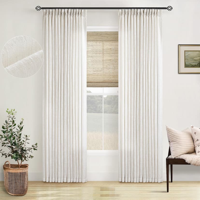 Pinch Pleated Linen Curtains 96 Inches Long for Living Room 2 Panel Set Cream Ivory Light Filtering Pinch Pleat Hooks Rings Back Tab Neutral Boho Farmhouse 96 Inch Curtain Drapes for Bedroom Window