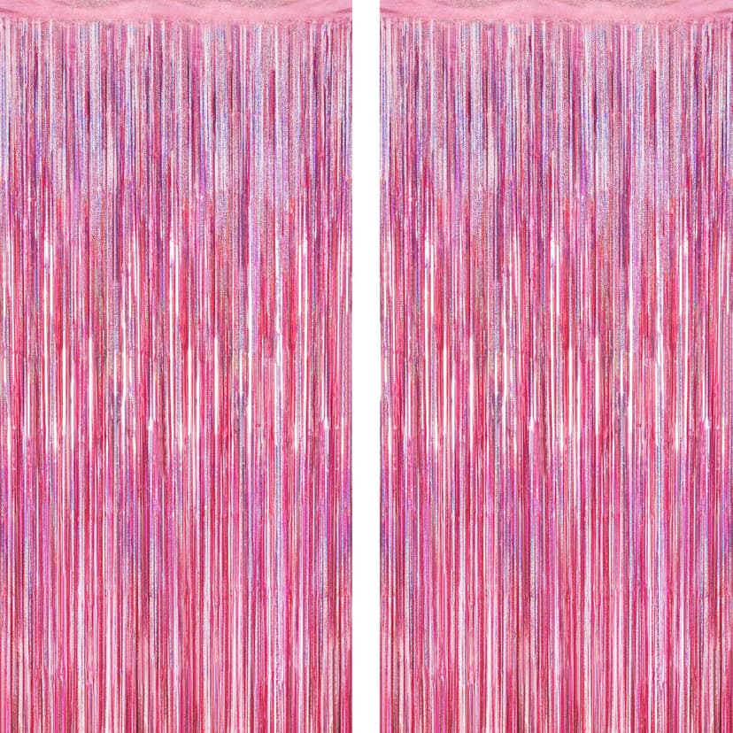 2 Pack Glitter Pink Backdrop, 3.28 FT x 7.05 FT Birthday Party Decorations, Laser Pink Fringe Curtains Foil Streamer Tinsel, Pink Curtains Photo Backdrop Happy Birthday Valentines Day Backdrop